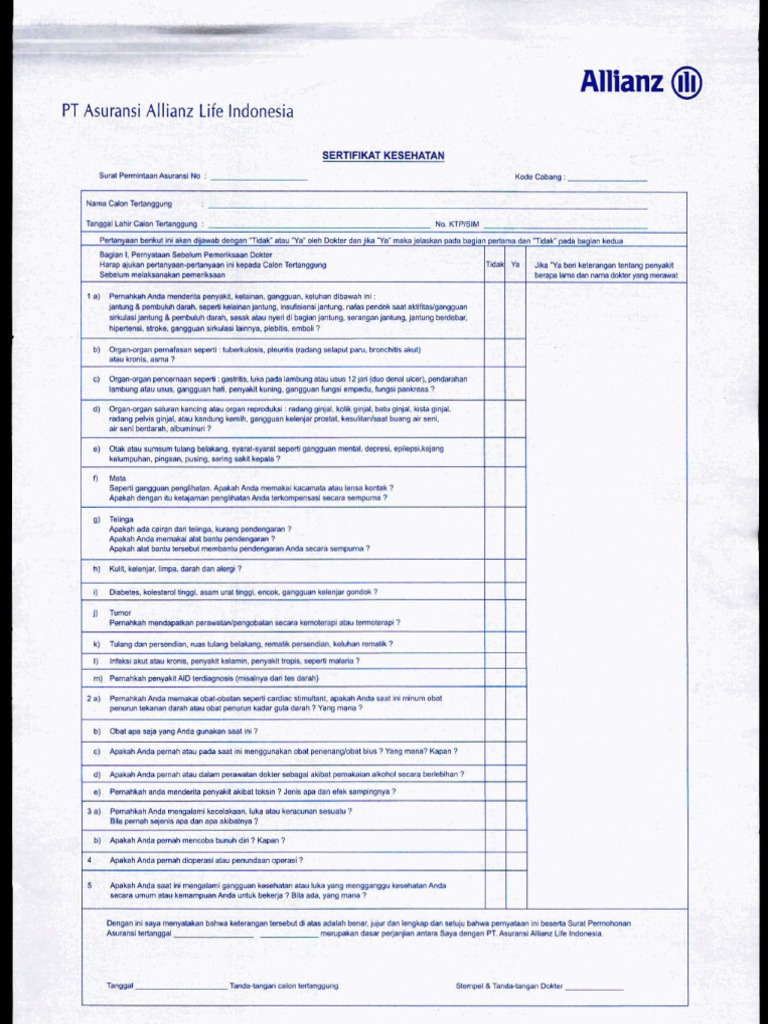 Allianz Life Indonesia Health Certificate | PDF