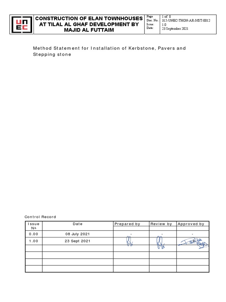 Method Statement For Installation of Kerbstone and Pavers in UAE | PDF