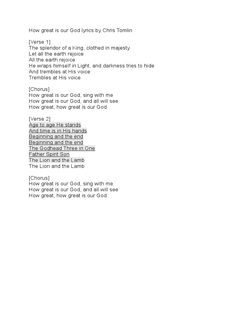 How Great Is Our God Lyrics By Chris Tomlin Pdf