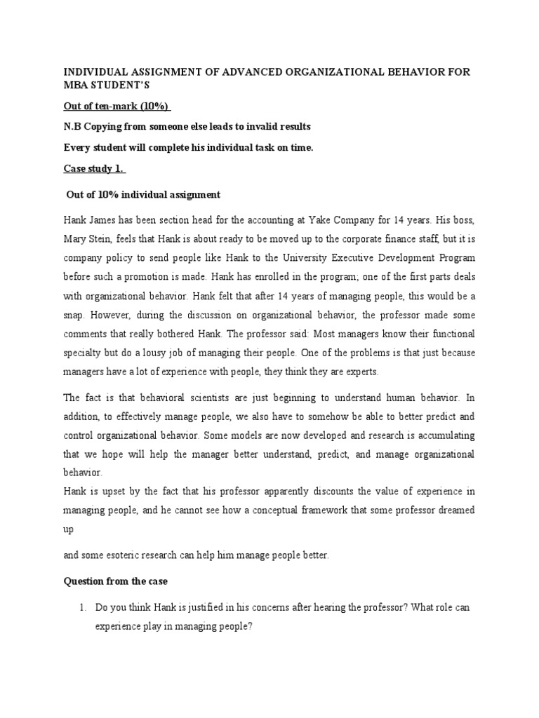 MBA Assignment: Organizational Behavior Case Study | PDF