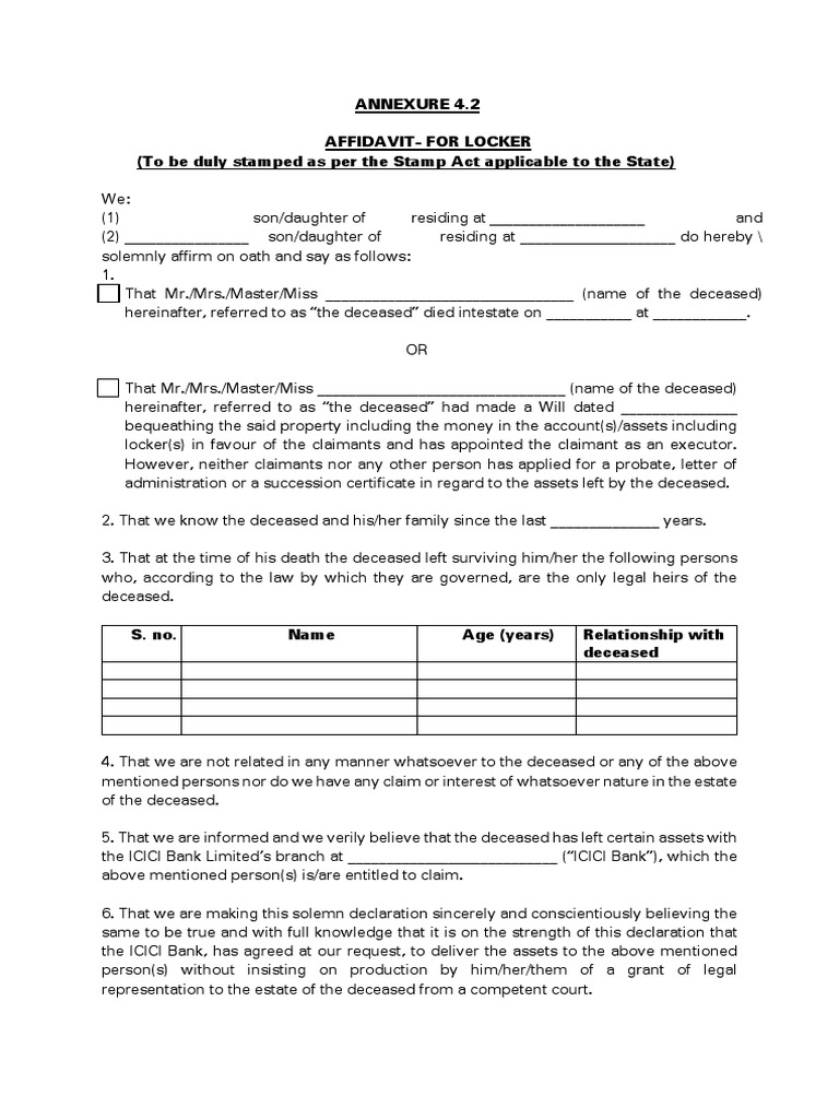 Affidavit Format for Bank Locker Claims | PDF | Social Science | Law