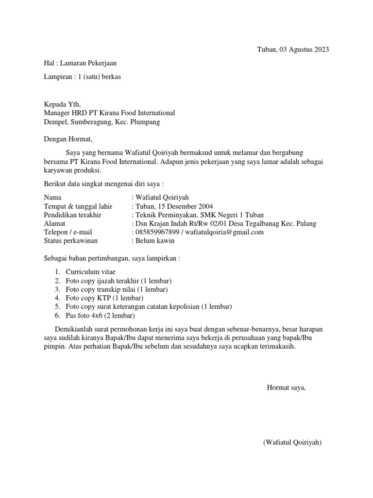 SURAT LAMARAN KERJA SARDEN WAFIATUL | PDF