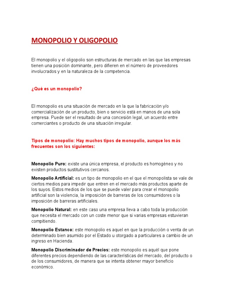 Monopolio y Oligopolio: Estructuras de Mercado | PDF | Negocios