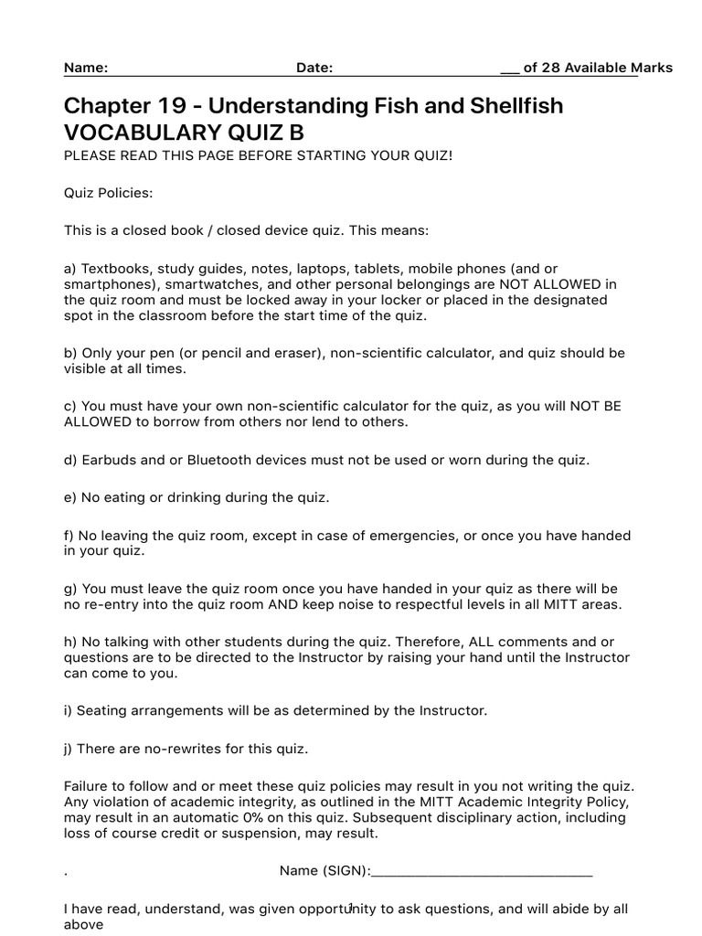 Chapter 19 Understanding Fish and Shellfish VOCABULARY QUIZ B Answers