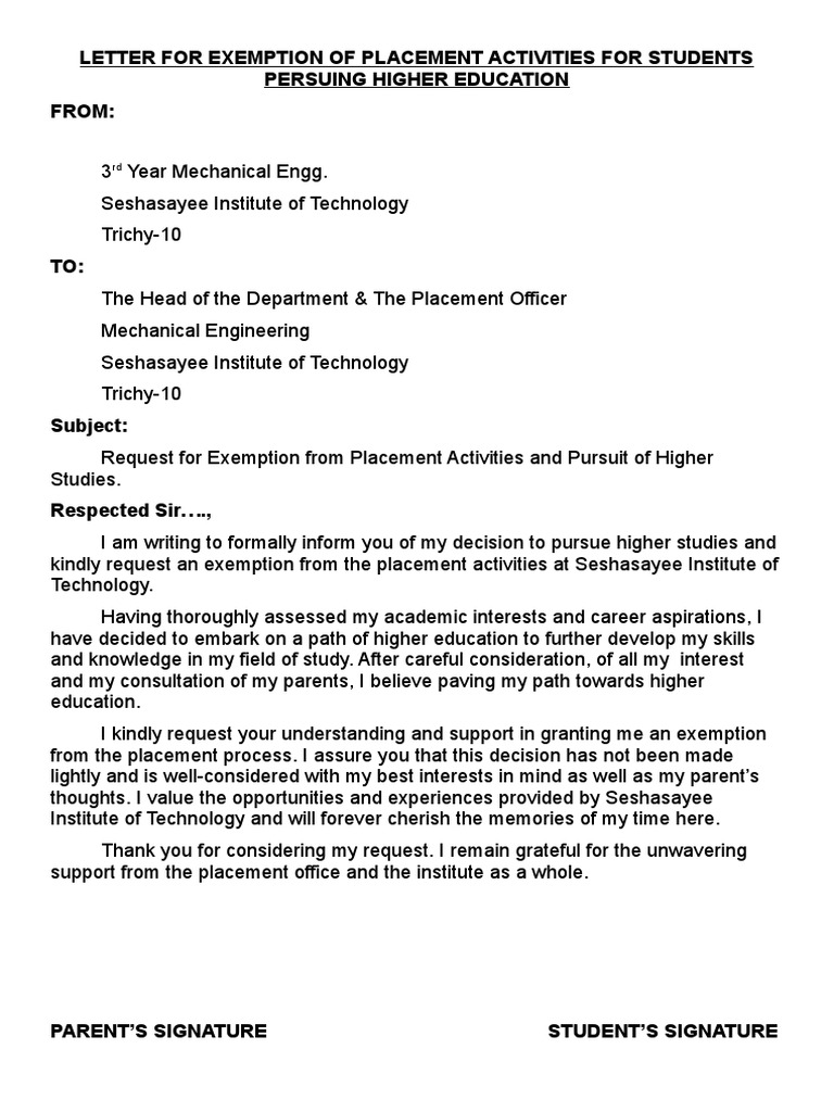 Letter For Exemption of Placement Activities For Students Persuing 