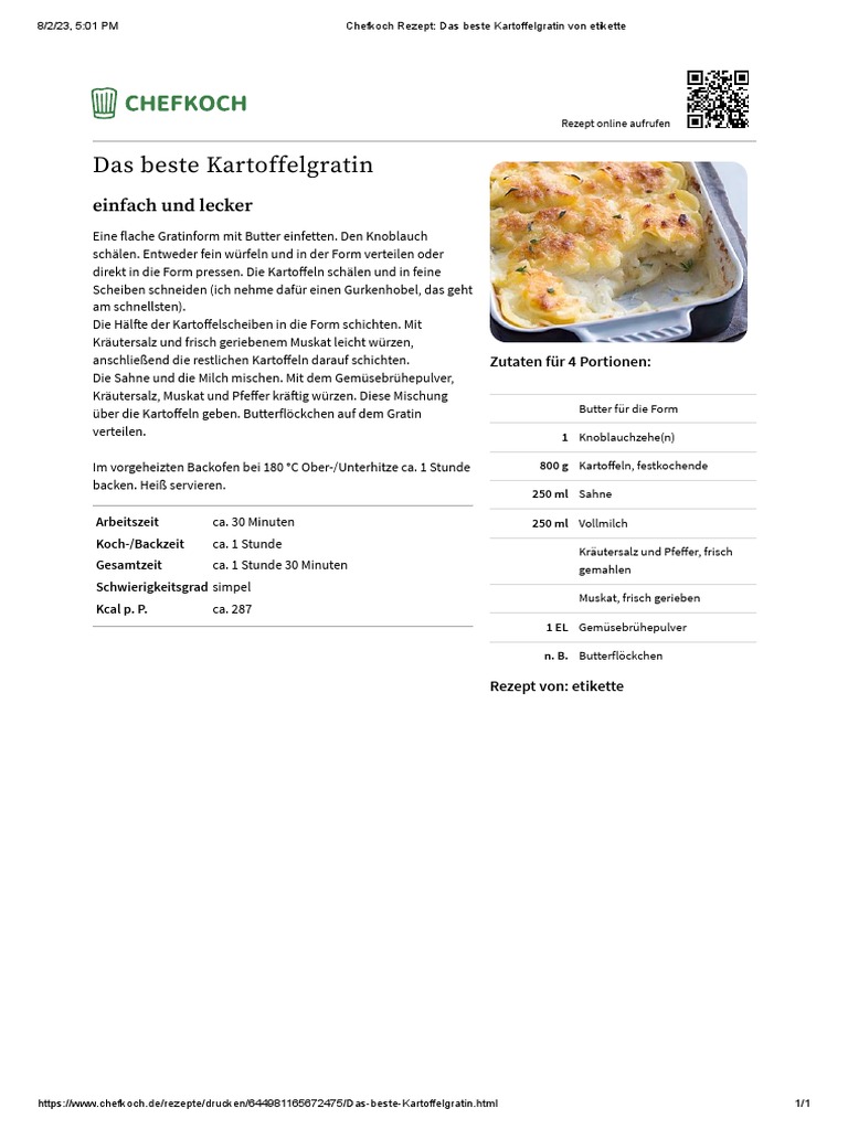 Chefkoch Rezept - Das Beste Kartoffelgratin Von Etikette | PDF