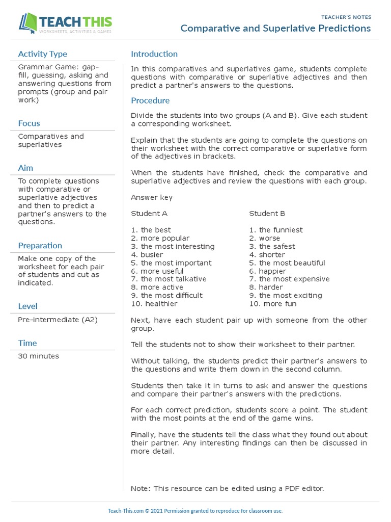 Comparative and Superlative Game Guide | PDF