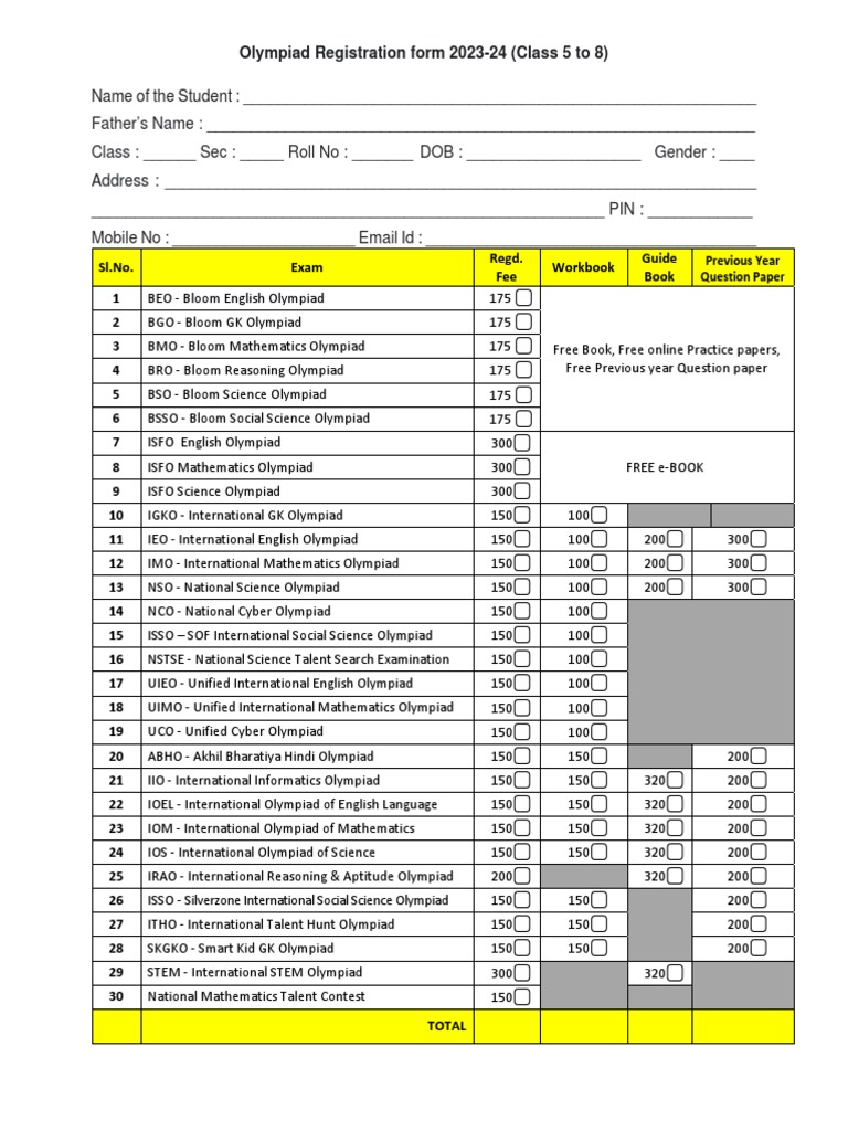 Olympiad Registration Form 202324 Class 58 PDF Science
