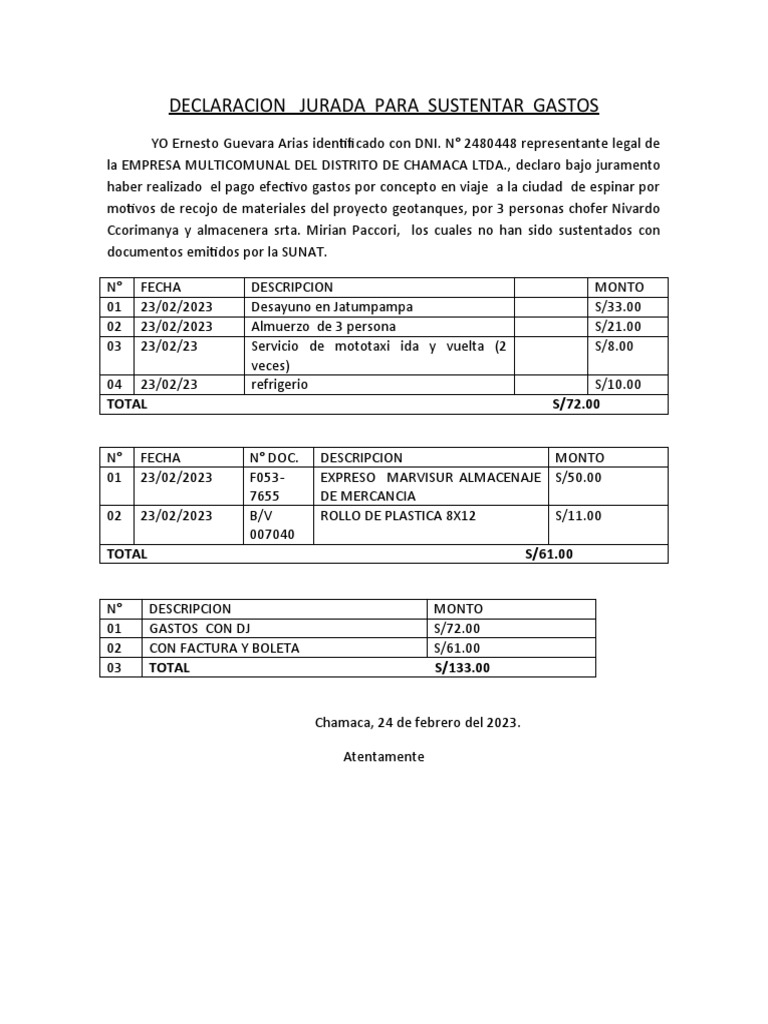 Declaración Jurada de Gastos 2023 | PDF