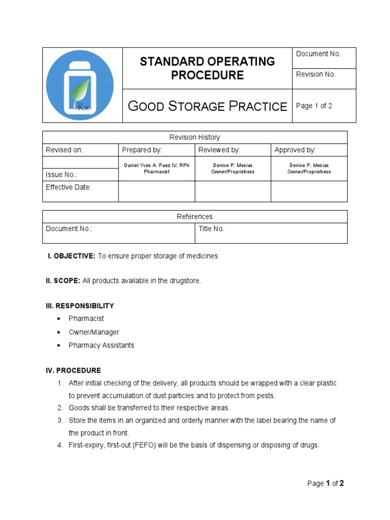 Standard Operating Procedure Good Storage Practice PDF Pharmacy
