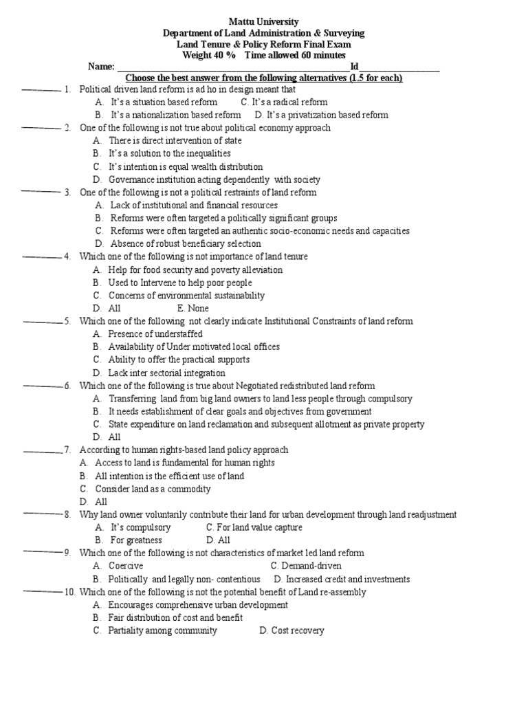 Land Tenure Exam Questions & Answers | PDF | Market (Economics) | Land ...