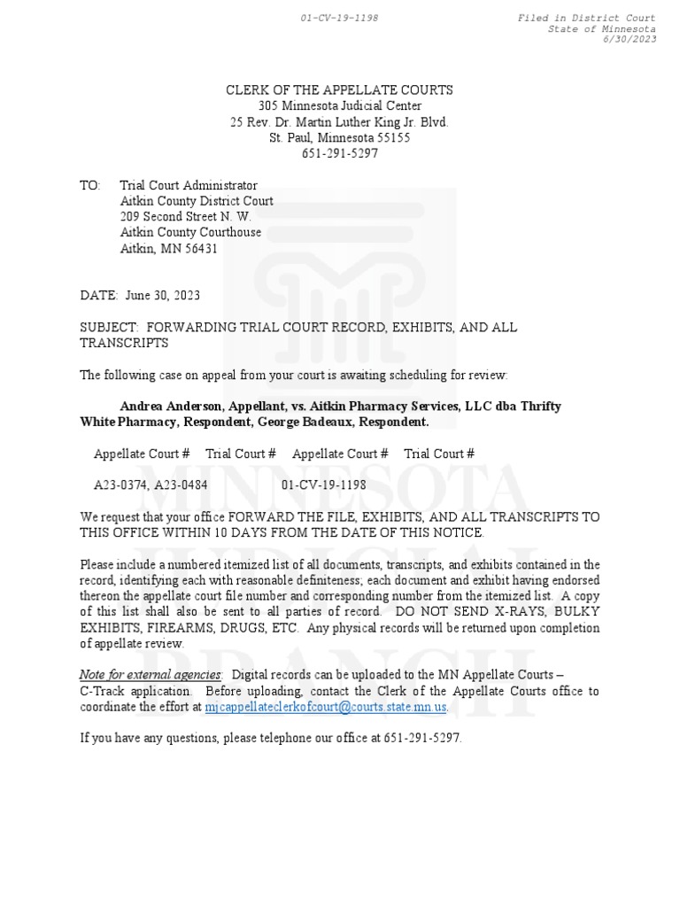 MCRO - 01 CV 19 1198 - Request For Trial Court Record Appellate Court ...