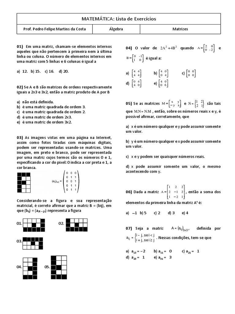 Lista de Exercícios - Matrizes | PDF | Matriz (Matemática) | Conceitos ...