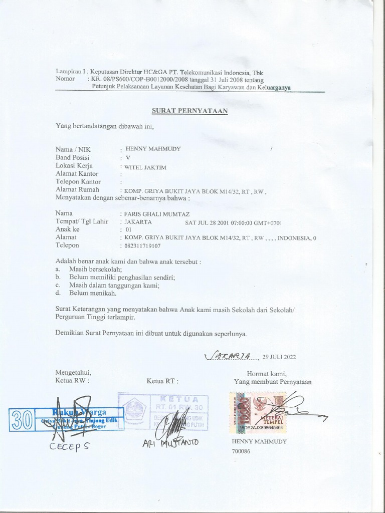Surat Pernyataan Faris | PDF