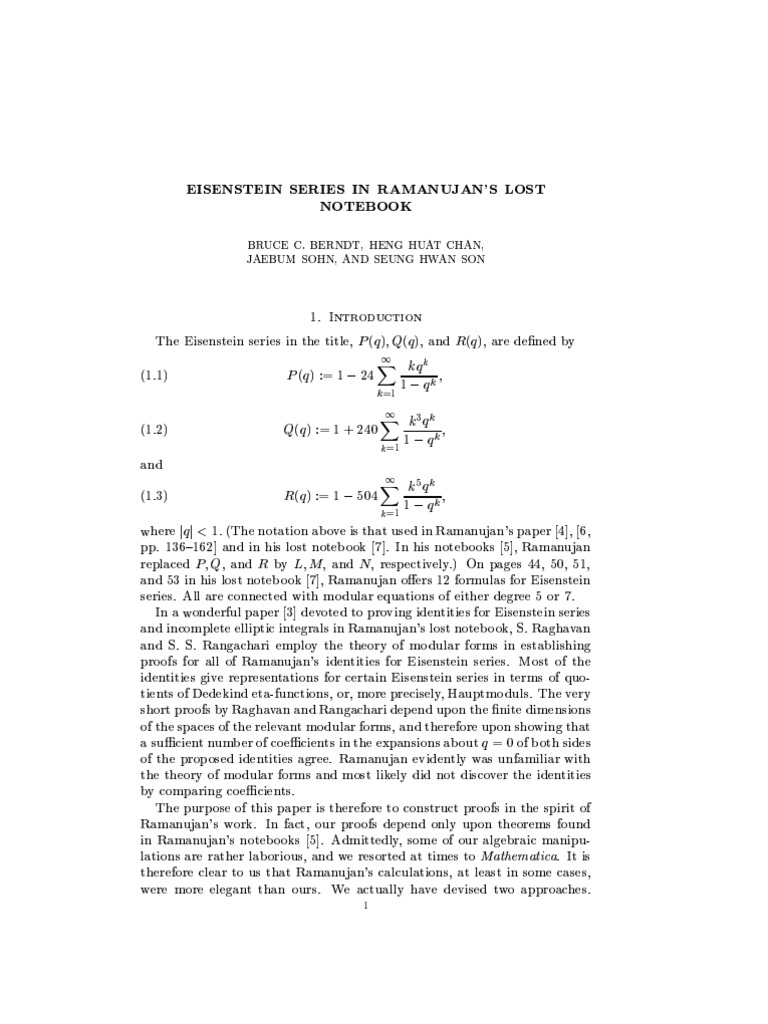Eisenstein Series In Ramanujan S Lost Notebook Teaching Mathematics