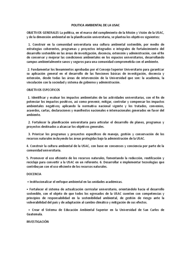 Política Ambiental de la USAC | PDF | Ciencia y matemáticas