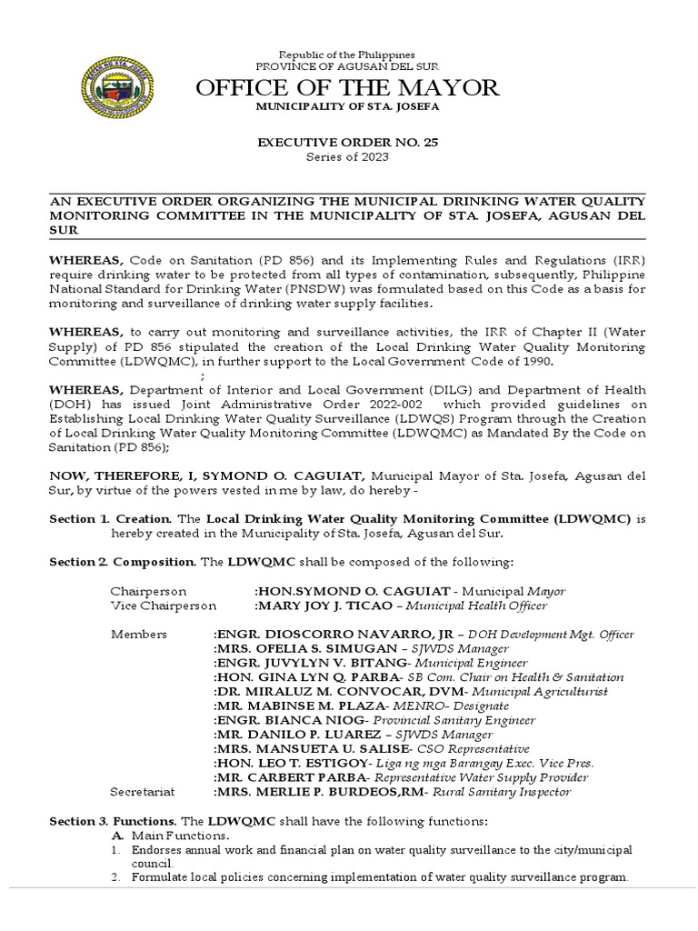 Executive Order No. 25 MUNICIPAL DRINKING WATER QUALITY MONITORING COMMITTEE PDF