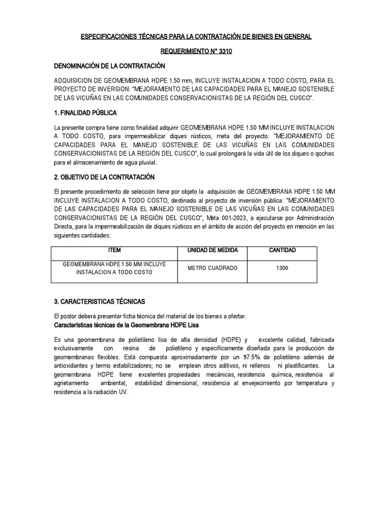 Adquisición de Geomembrana HDPE | PDF