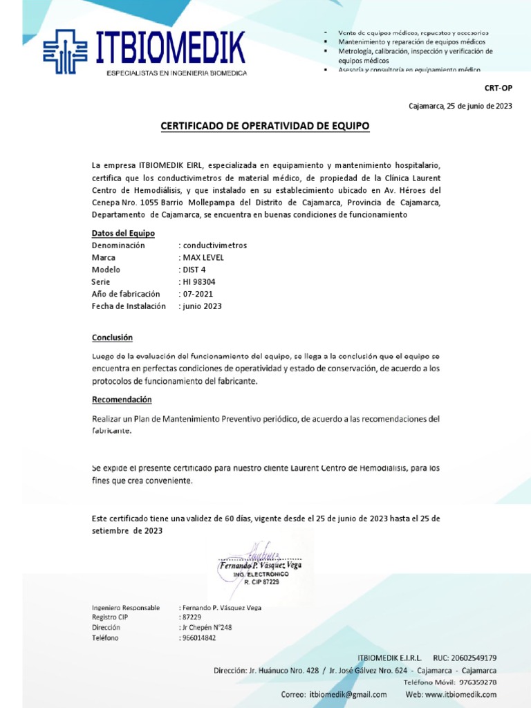 Certificado de Operatividad de Equipo Laurent | PDF