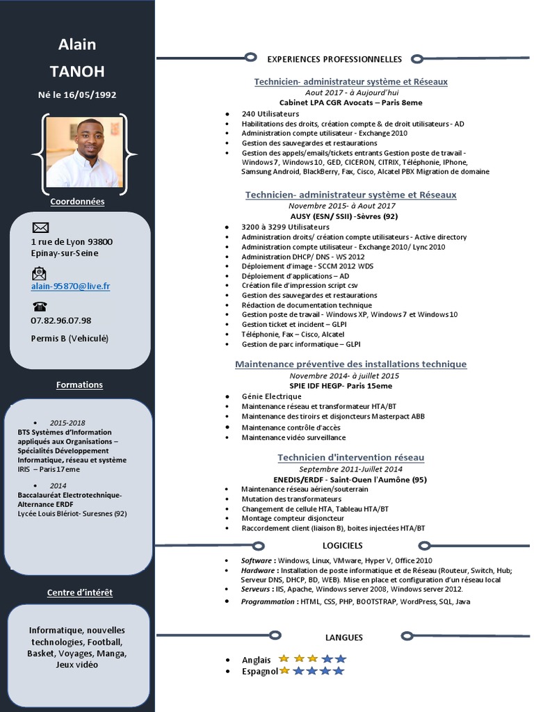 CV d'Alain Tanoh - Administrateur Système | PDF | Internet | Internet ...