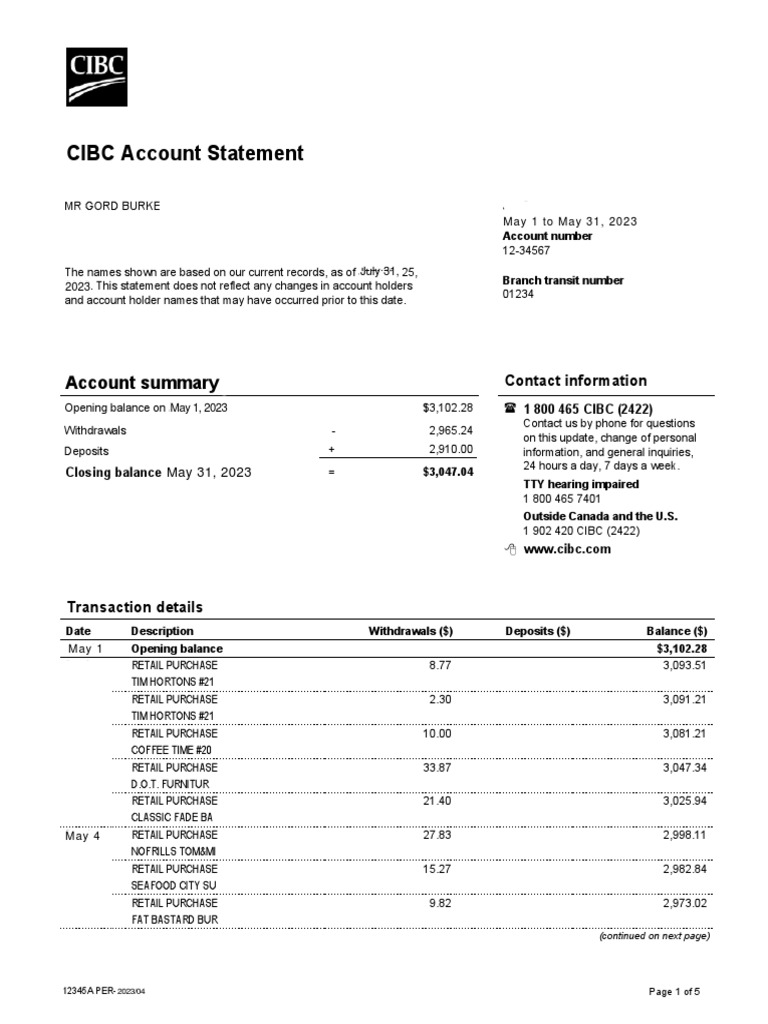 CIBC Bank Statement | PDF | Fee | Debit Card