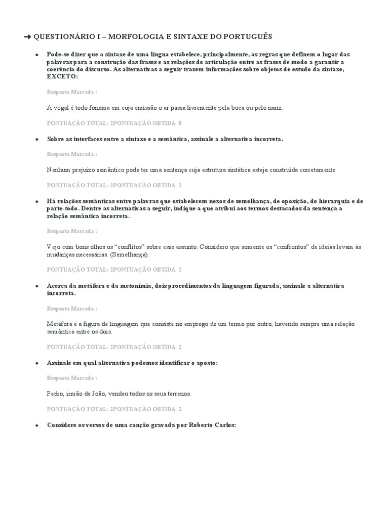 Questionário sobre Morfologia e Sintaxe | PDF | Estudos de Línguas ...