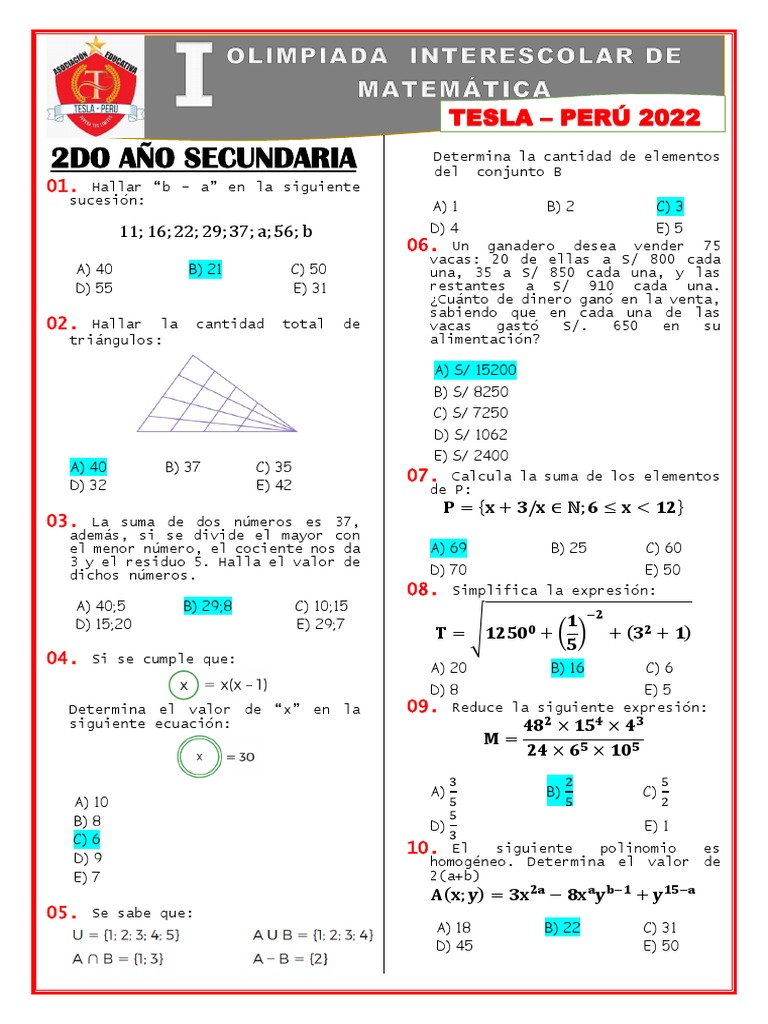 Ejercicios de Matemáticas 2do Año Secundaria | PDF