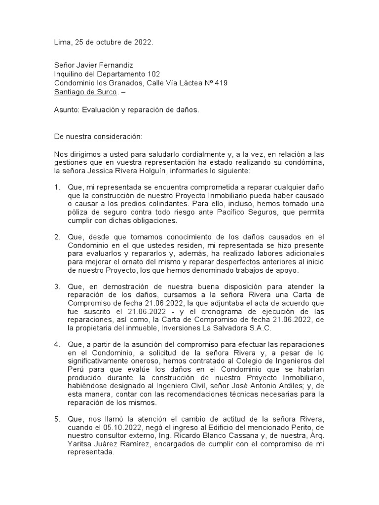 Carta A Condominio Los Granados - SR. FERNANDIZ 102 | PDF | Condominio