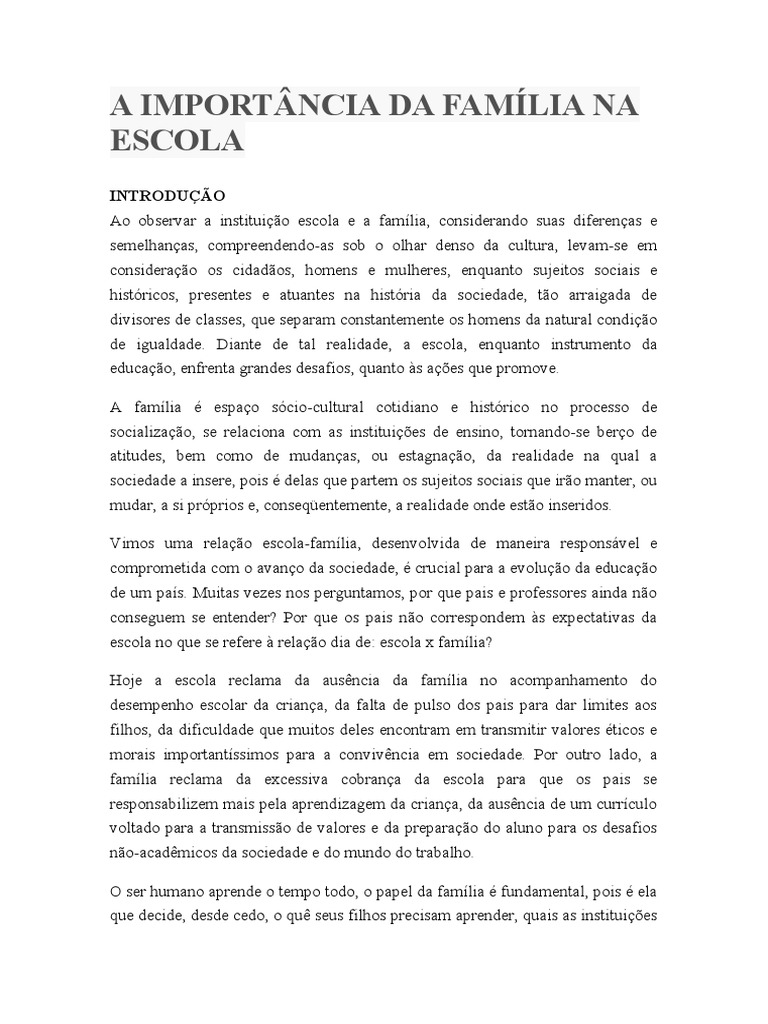 A Importância Da Família Na Escola | PDF | Família | Aprendizado