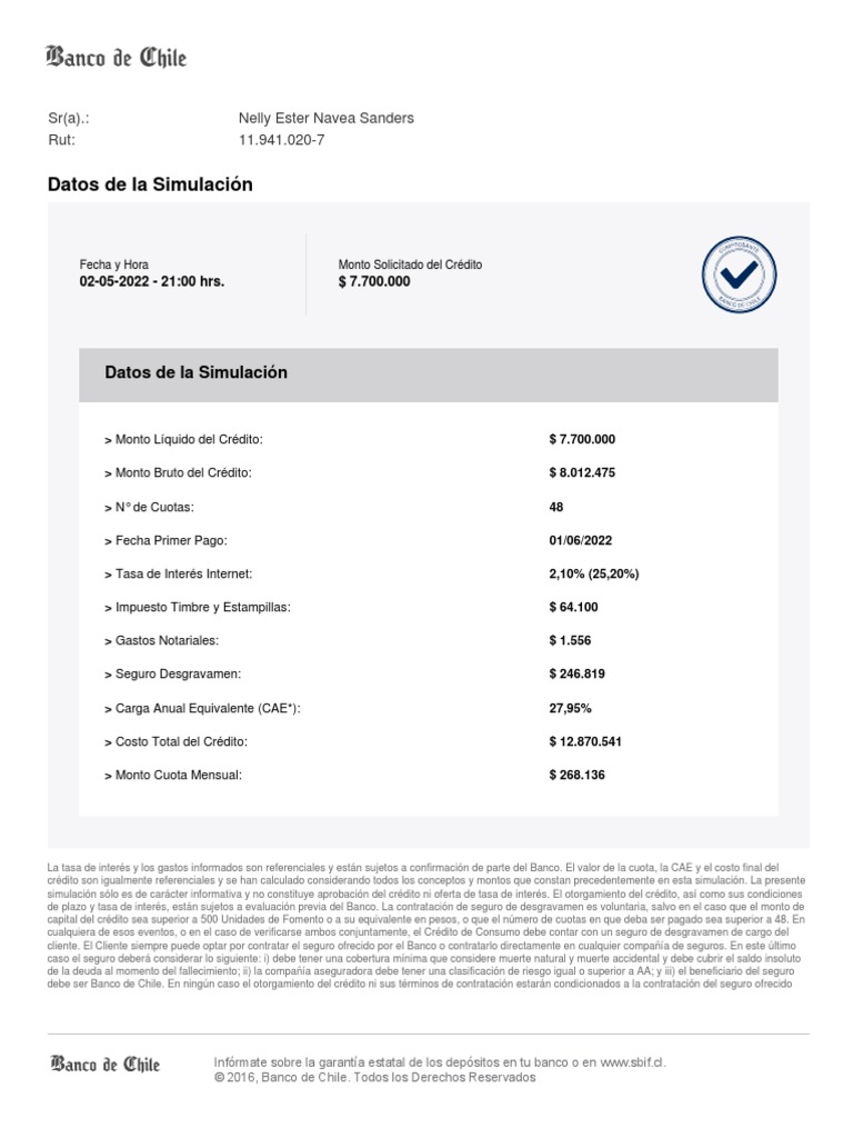 Simulacion Credito Banco De Chile