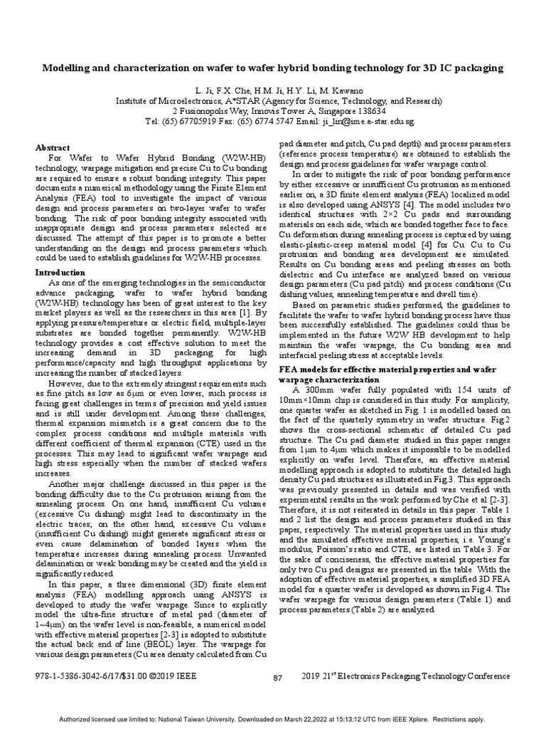 Modelling and Characterization On Wafer To Wafer Hybrid Bonding ...