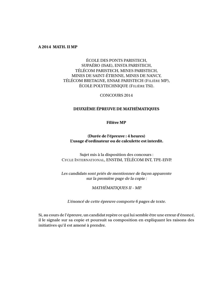 Concours 2014 Mathématiques II MP | PDF | Limite (mathématiques ...