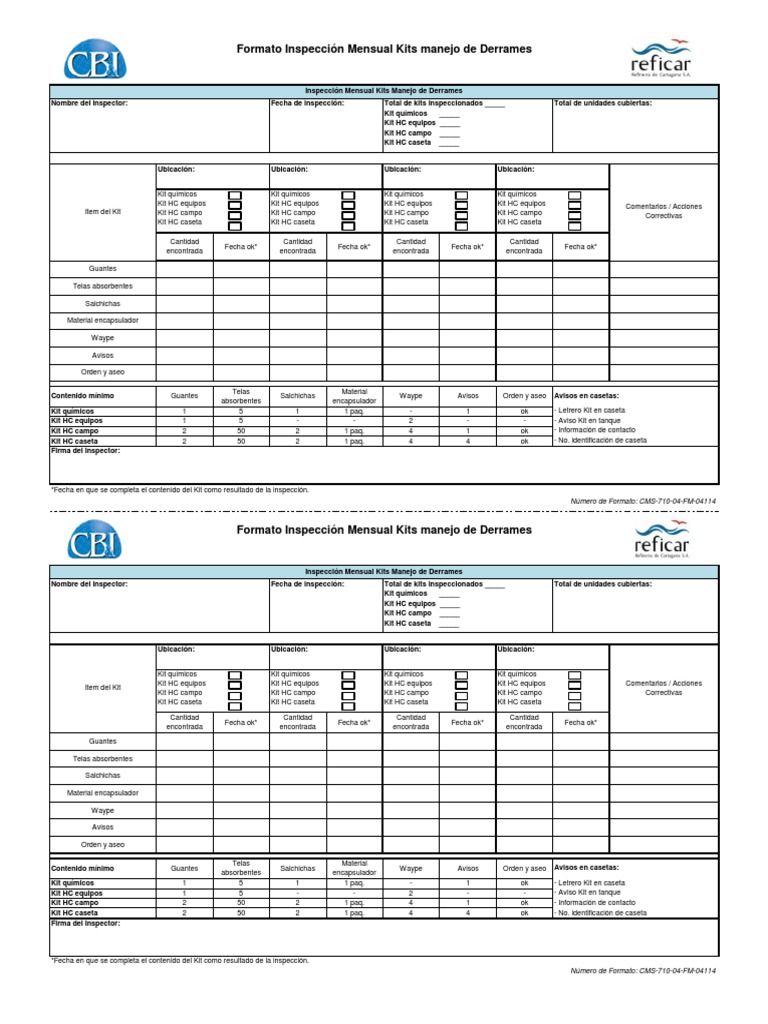 Spill Kit Monthly Inspection Form CMS R.3 PDF