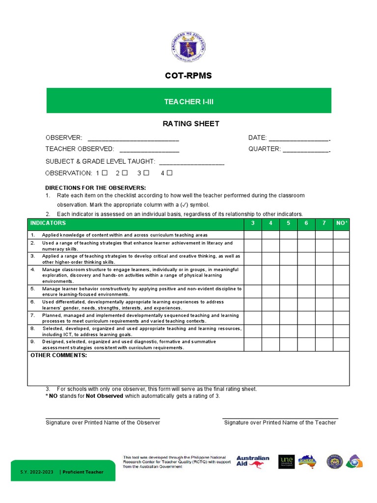 Cot Rating Sheet Word PDF Learning Curriculum
