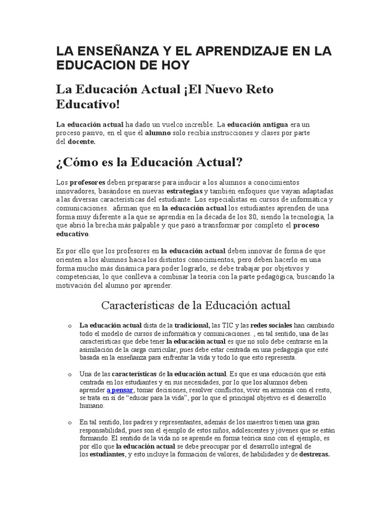 La Enseñanza y El Aprendizaje en La Educacion de Hoy | PDF