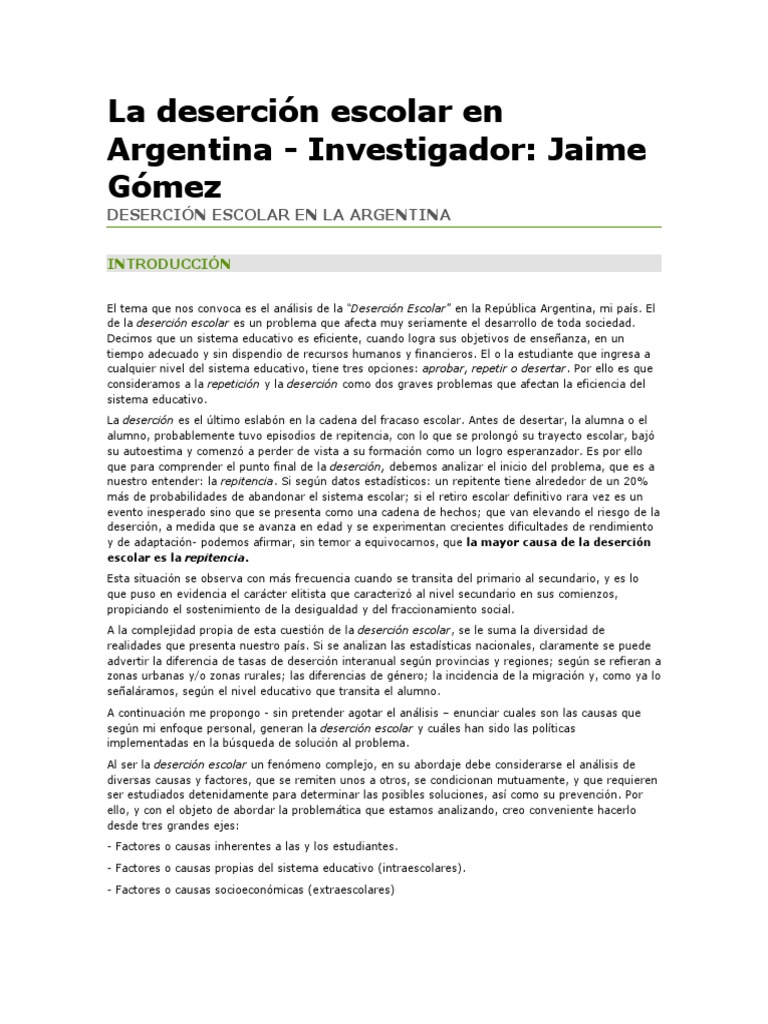 Deserción Escolar en Argentina: Causas y Efectos | PDF | Enseñando ...