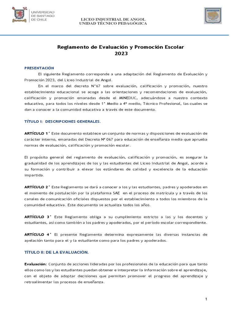 Reglamento de Evaluación 2023 Angol | PDF | Evaluación | Aprendizaje