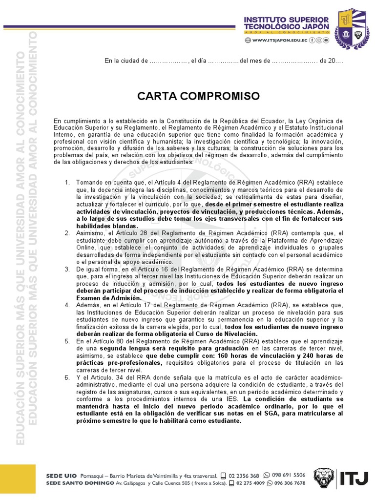 Carta Compromiso Estudiantil Ecuador | PDF | Educación más alta | Plan ...