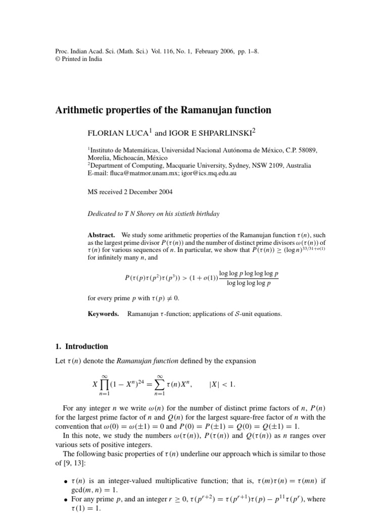 arithmetic-properties-of-the-ramanujan-function-logarithm-prime-number