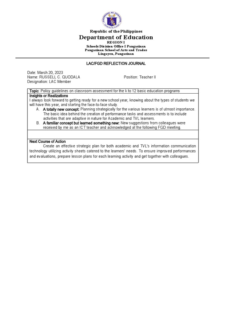 LAC Reflection Journal Insights and Actions | PDF