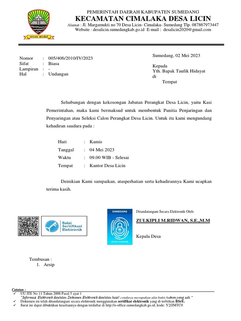 Undangan Pembentukan Panitia Desa Licin | PDF