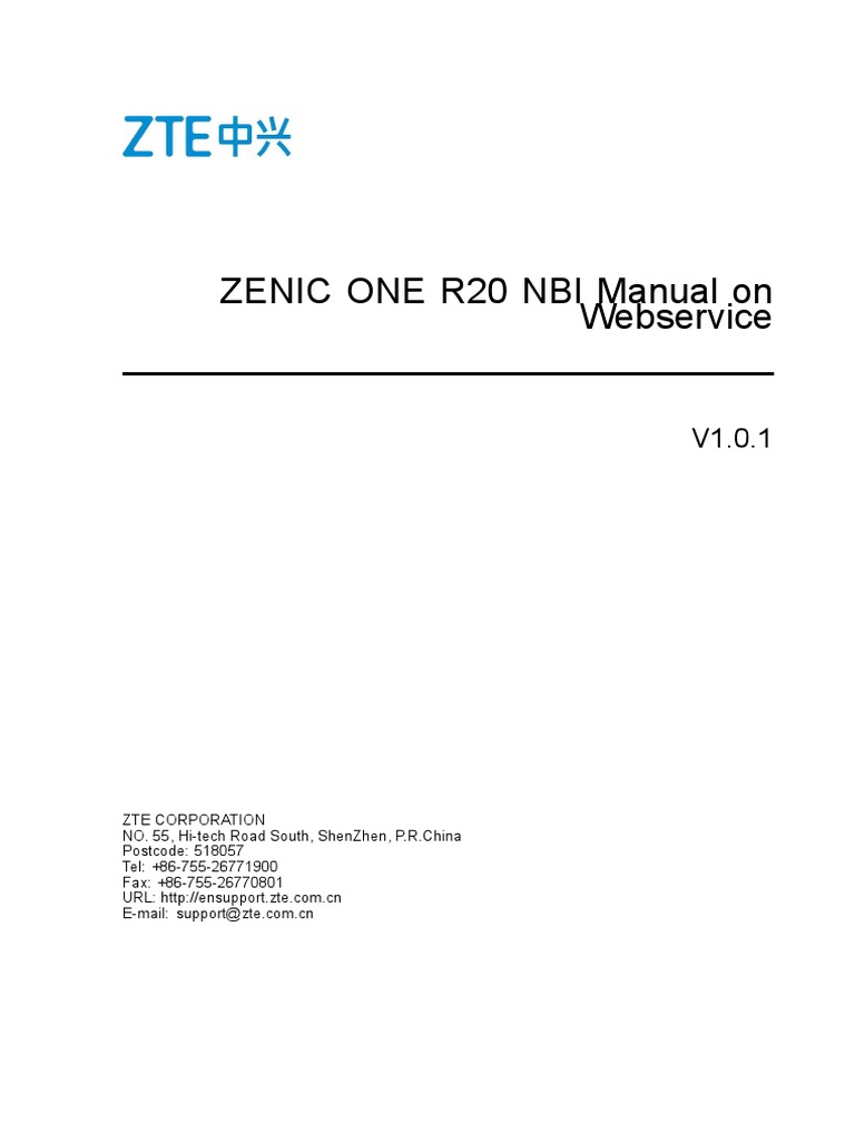 ZENIC ONE R20 NBI Manual On Webservice For Provisioning and