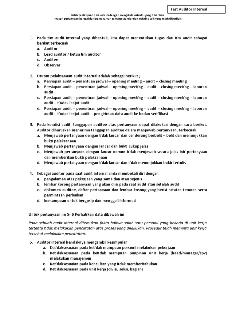Test Audit Internal | PDF | Karier & Perkembangan