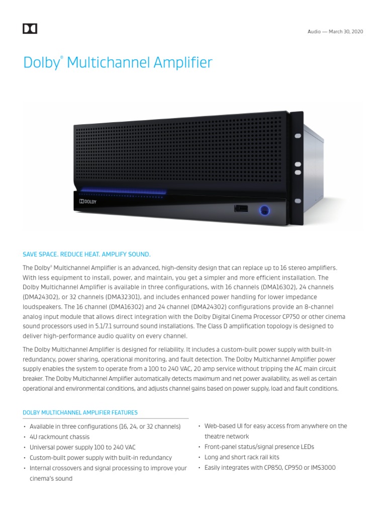 Dolby Multichannel Amplifier Product Sheet PDF Amplifier Power Supply