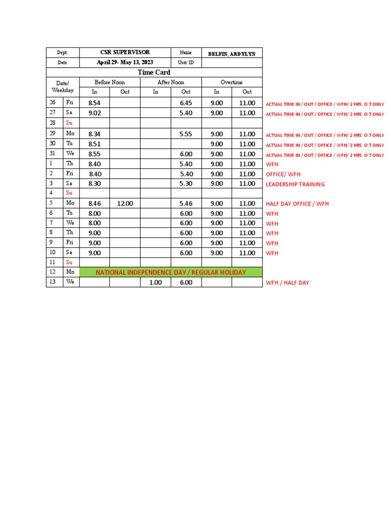 CSR Supervisor Time Card Summary | PDF