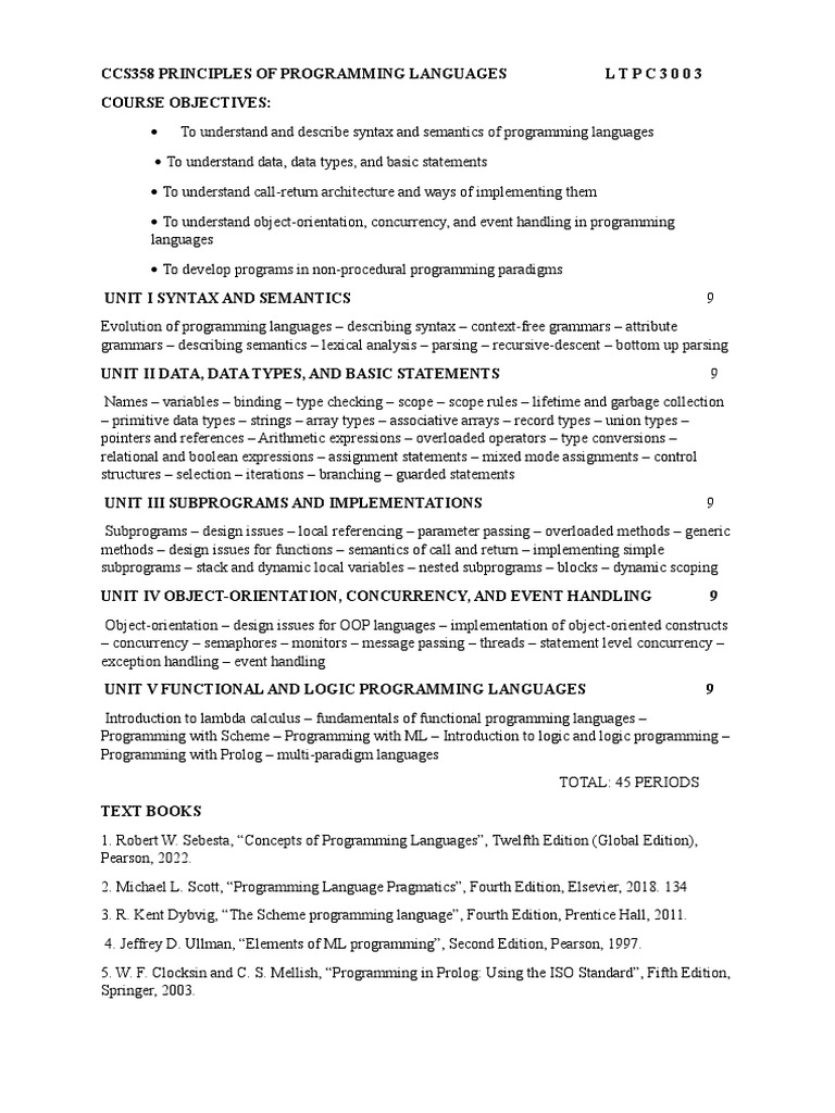 CCS358 Principles of Programming Languages L T P C 3 0 0 3 PDF