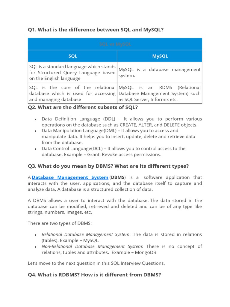 Q1. What Is The Difference Between SQL and Mysql? | PDF | Relational ...