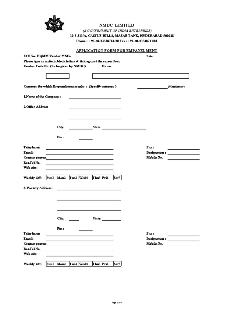 NMDC Limited: Application Form For Empanelment | PDF