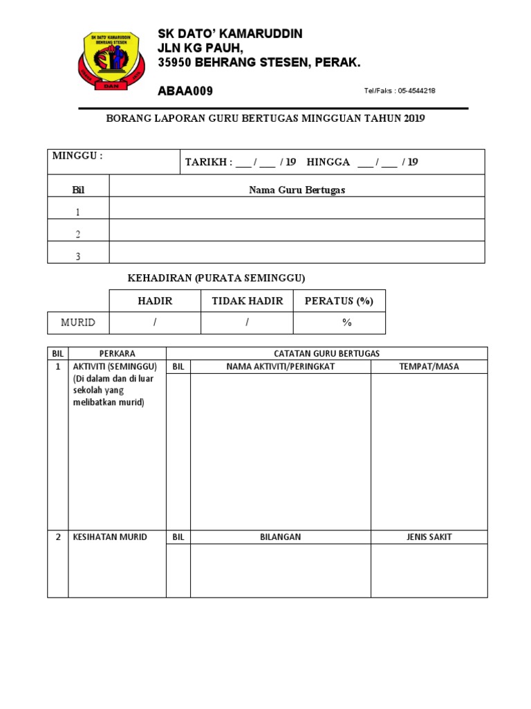 Borang Laporan Guru Bertugas Mingguan Pdf