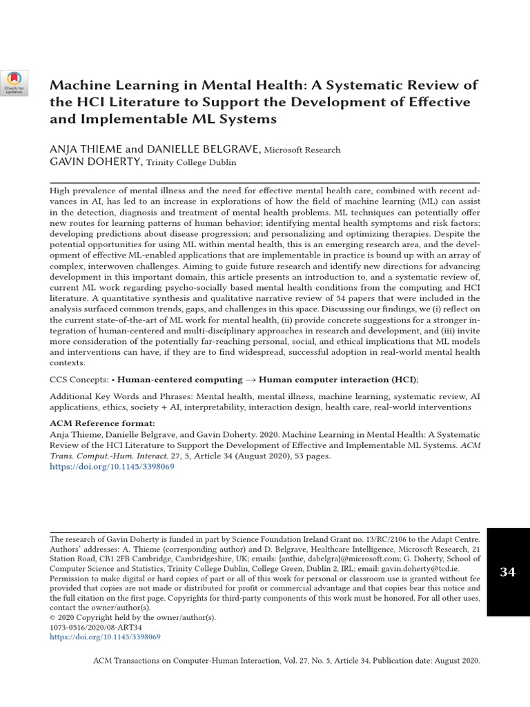 Machine Learning in Mental Health A Systematic Review of The HCI ...